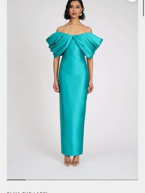 Off-Shoulder Teal Maxi Dress with Dramatic Draped Bodice
